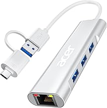 USB C to Ethernet Adapter, 4-in-1 USB-A/C Hub with 3 USB-A 3.1 & 1Gbps RJ45 Networks, USB-C to LAN Adapter for MacBook Pro Air, Surface, Chromebook, Acer, Laptop, and More