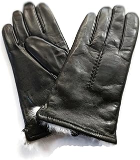 Ladies Rabbit Fur Lined Genuine Leather Gloves, Small Black