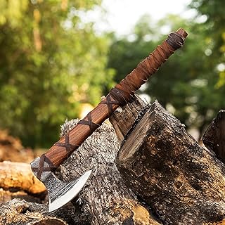 Sponsored Ad - Handmade Viking Axe for Camping & Outdoor | High Carbon Steel with Ash Wood Handle & Origional Leather Sheath | Viking Gift for Men Prop Tools