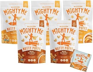 Mission Mighty Me Nutty Puffs Peanut + Mixed Nut Butter Variety for Babies + Kids – Plant-Based, Gluten-Free, Pediatrician Developed (Peanut, Mixed Nut, and Bonus Sample)