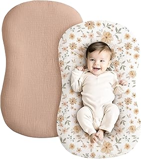 Konssy Muslin Baby Lounger Cover 2 Pack, 100% Cotton Newborn Lounger Cover, Soft and Breathable Baby Nest Slipcover for Boys Girls (Peach, Flowers)