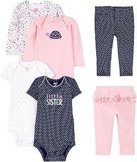 baby-girls 6-piece Bodysuits (Short and Long Sleeve) and Pants Set