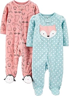 Baby Girls' Cotton and Fleece Footed Sleep and Play, Pack of 2