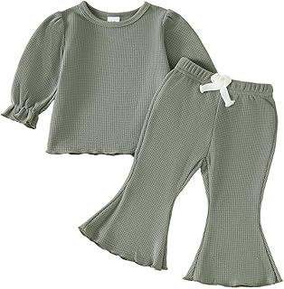 Sponsored Ad - Baby Girl Fall Outfit Toddler Girl Winter Clothes Baby Lantern Sleeve Top and Flared Pant 2-Piece Waffle Clothing Set