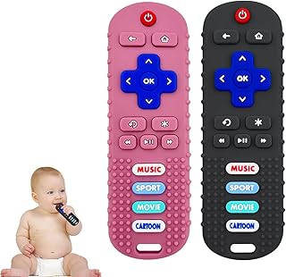 SOLIFEGOBLE 2 Pack Toy Remote for Baby,Silicone Remote Teether for Babies,Baby TV Remote Toys,Infant Chew Toys for Babies Chew Toys (Black + Pink)