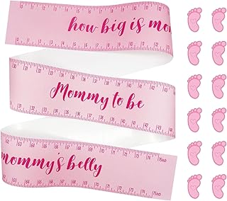 Baby Shower Game Belly Measuring Tape for Girls Gender Neutral, 75 Inch Mommy Pregnant Belly Tape Pink Tummy Measuring Tape with Footprint Stickers for How Big is Mommy Belly Game Supplies