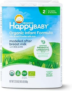 Happy Baby Organics Stage 2 Infant Formula, 6 12 Months, Milk Based Organic Baby Formula Powder with Iron, Probiotics & Prebiotics for Immune & Digestive Support, 22.9 Ounce (Pack of 1)