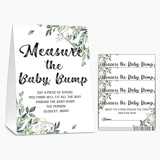 Baby Shower Game Set, Measure the Baby Bump(1 Standing Sign + 50 Find Cards), Neutral Greenery How Big is Mommy's Belly Party Game, Eucalyptus Gender Reveal Party Favor Decor(A01)