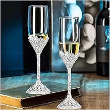 Sponsored Ad - Wedding Champagne Flutes Set of 2 - Metal Base With Crystal Stones, Glasses for Bride and Groom, Engagement Gifts, Party, Anniversary, Christmas - 7oz