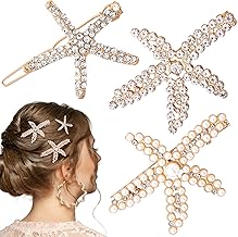 PAGOW 3 PCS Starfish Hair Clips, Gold Pearls Rhinestone Hair Clips, Crystal Sea Star Ponytail Holder, Faux Pearl Crystal Wedding Headpiece Hair Accessories for Women, Bride (3 Styles)