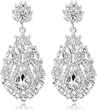JWICOS Silver Floral Teardrop Wedding Bridal Earrings for Women Brides and Bridesmaids Chandelier Crystal Rhinestones Dangle Drop Earrings