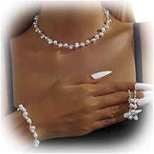 Silver Rhinestone Pearl Necklace Sets for Wedding Brides Bridesmaid Crystal Necklace Earrings Bracelet Set Sexy Pearl Collar Necklace Elegant Pearl Earrings Bracelet Sets for Women Costume Accessories