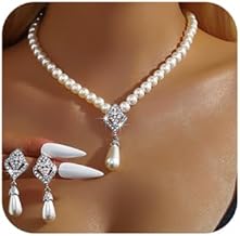 JWICOS Pearl Bridal Necklace Earrings Set Sliver Rhinestone Necklaces Crystal Bride Choker Necklace Accessories for Women and Wedding