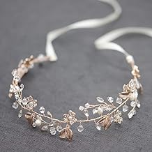 Oriamour Bridal Headpiece Wedding Crystal Headband With Leaves and Freshwater Pearl Hair Accessories For Bride Flower Girl (Rose Gold)