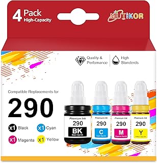 Mutikor GI-290 GI 290 Ink Refill G3200 G4210 Compatible Replacement for Canon GI 290 Ink Bottles Kit for G1200 G2200 G4200 G1000 G1100 G1310 G1400 G1800 G1810 G1900 G2000 Printers（4 Pack）