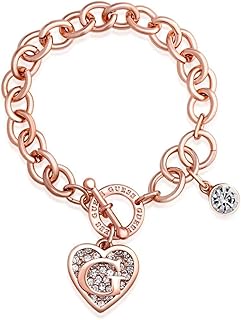 Rose Gold-Tone Round Link Chain Bracelet with Heart & Logo Charms