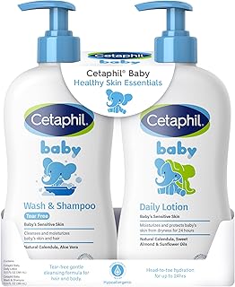 Cetaphil Baby Wash & Shampoo Plus Body Lotion, Healthy Skin Essentials, Head to Toe Hydration for up to 24 Hours, for Delicate, Sensitive Skin, 2-Pack,White