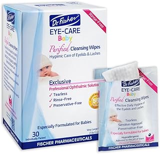 Purified, Non Irritating, Tear Free, Hypoallergenic & Sensitive Approved Baby Eyelid Wipes by Dr. Fischer – Pre-moistened, Rinse Free and Pediatrician Recommended - (30)