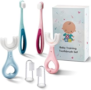 6 in 1 Baby Training Toothbrush Set - Infant to Toddler Toothbrush Oral Care Toothbrush - Food Grade Silicone,Extra Soft Bristles,Perfect for 6+,12+,24+ Months