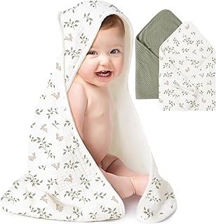 Konssy 2-Pack Muslin Hooded Baby Towels, 100% Cotton, Ultra-Soft & Absorbent Baby Bath Towels with Hood for Newborn & Infant (Fog Green, Sprout, 32" x 32")