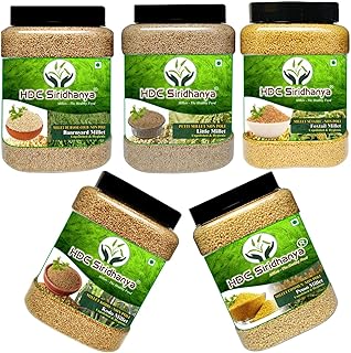 HDC Siridhanya unpolished and organic millets combo pack of 5 USDA Certified Gluten free Kodo, Foxtail, Barnyard, Little and Proso millets, Each millet 2.02lb each packed in Jar total 11lb , 4700g org