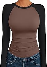 Trendy Queen Women's Long Sleeve Shirts Slim Fit Stretchy Color Block Slightly Cropped Tops