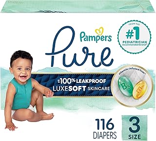 Pure Protection Baby Diapers, Size 3 (16-28 lbs), 116 Count, Up to 100% Leakproof, Premium Plant-based Skin Protection, Hypoallergenic Soft Diapers