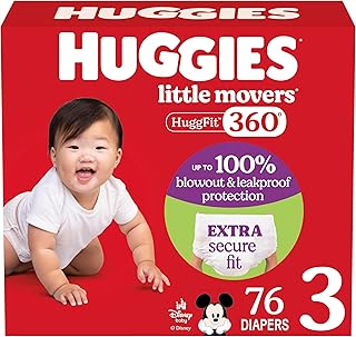 Size 3 Baby Diapers, Little Movers HuggFit 360° Baby Diapers with 360° Waistband, Size 3 (16-28 lbs), 76 Count, Packaging May Vary