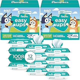 Easy Ups Pull On Training Pants Boys, 2T-3T, 2 Month Supply (2 x 140 Count) with Sensitive Water Based Baby Wipes 12X Multi Pack Pop-Top and Refill (1008 Count)