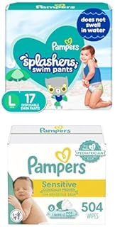 Splashers Swim Diapers - Size L, 17 Count, Gap-Free Disposable Baby Swim Pants + Pampers Sensitive Baby Wipes, Water Based, Hypoallergenic and Unscented, 6 Flip-Top Packs (504 Wipes Total)