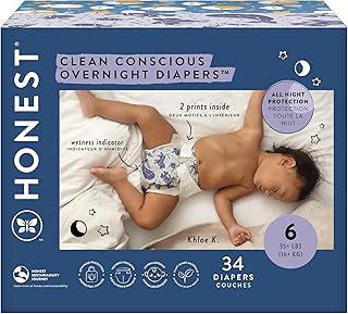 Clean Conscious Overnight Diapers for Sensitive Skin, Hypoallergenic Fragrance-Free Baby Diapers, Cozy Cloud and Star Signs Design, Club Box, Size 6 (35+ lbs), 34 Count