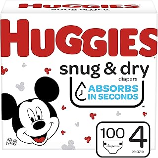 Snug & Dry Baby Diapers, Size 4, 100 Count, 22-37 lb (10-17 kg), Up to 12 Hrs Protection, Disney Mickey Mouse Designs