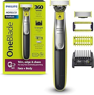 Philips Norelco OneBlade 360 Hybrid Blade for Face + Body, Electric Beard Trimmer, Shaver and Groomer, with 360 Blade Technology, 5in1 Adjustable Comb, 1x Body Kit, Model QP2834/70, Black/Lime Green