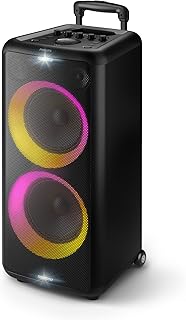 X5206 bluetooth party speaker, portable with wheels, exciting light show, karaoke machine with microphone and Guitar Input, powerful bass & subwoofer, long playtime, perfect for outdoor events