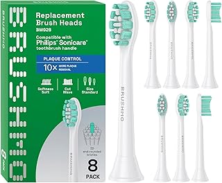 Plaque Control Replacement Toothbrush Heads, Compatible with Philips Sonicare Click-on Electric Toothbrush Handles, 8 Standard Replacement Heads, Soft Dupont Bristles, BM928, White