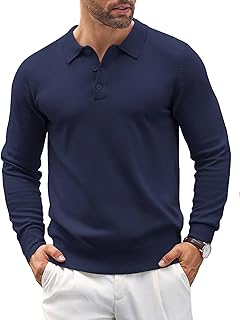 Mens Knit Polo Shirts Casual Long Sleeve Classic Polo Shirts Button Down Golf Shirts