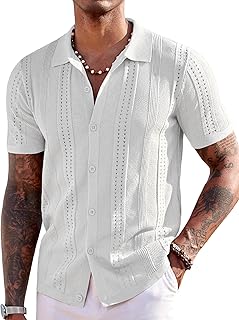 Men's Knit Shirts Short Sleeve Button Down Polo Shirt Fashion Casual Summer Beach Shirts